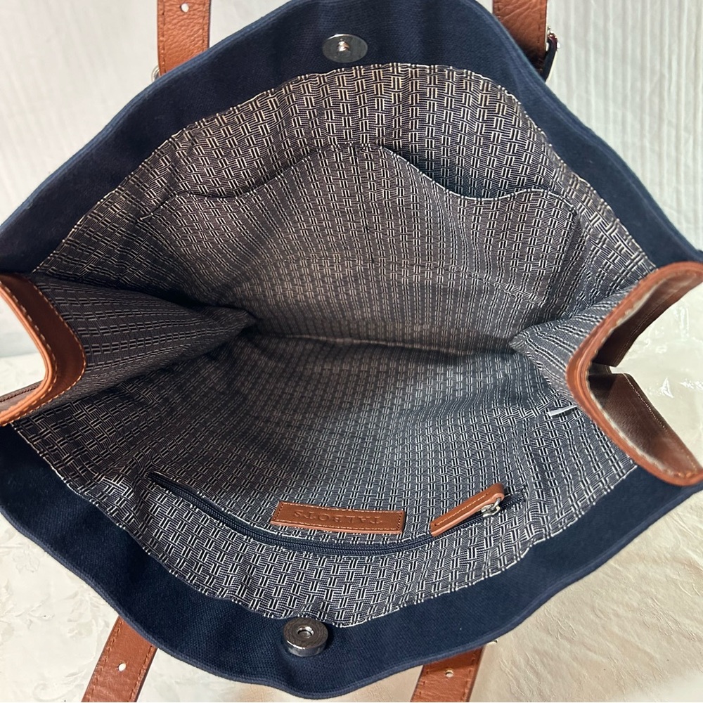 Talbots Blue canvas with Tan leather trim and Handles Tote Shoulder Bag - Picture 4 of 10